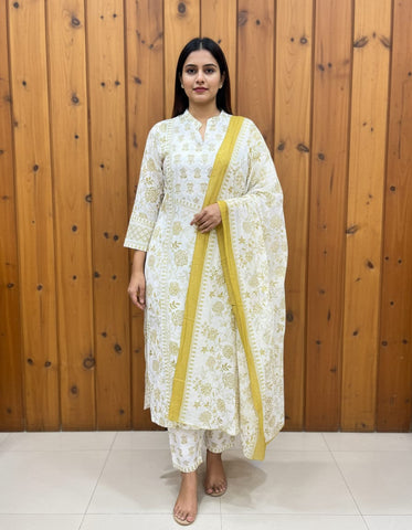 Cotton Office Wear Suit In Chinese Collar With Straight Pant And Printed Dupatta