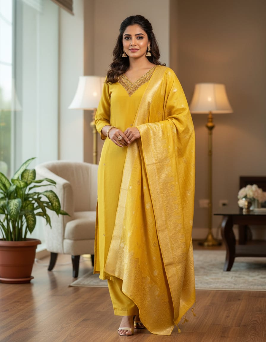 Mustard Yellow Shimmer Silk Suit With Heavy Banarasi Dupatta