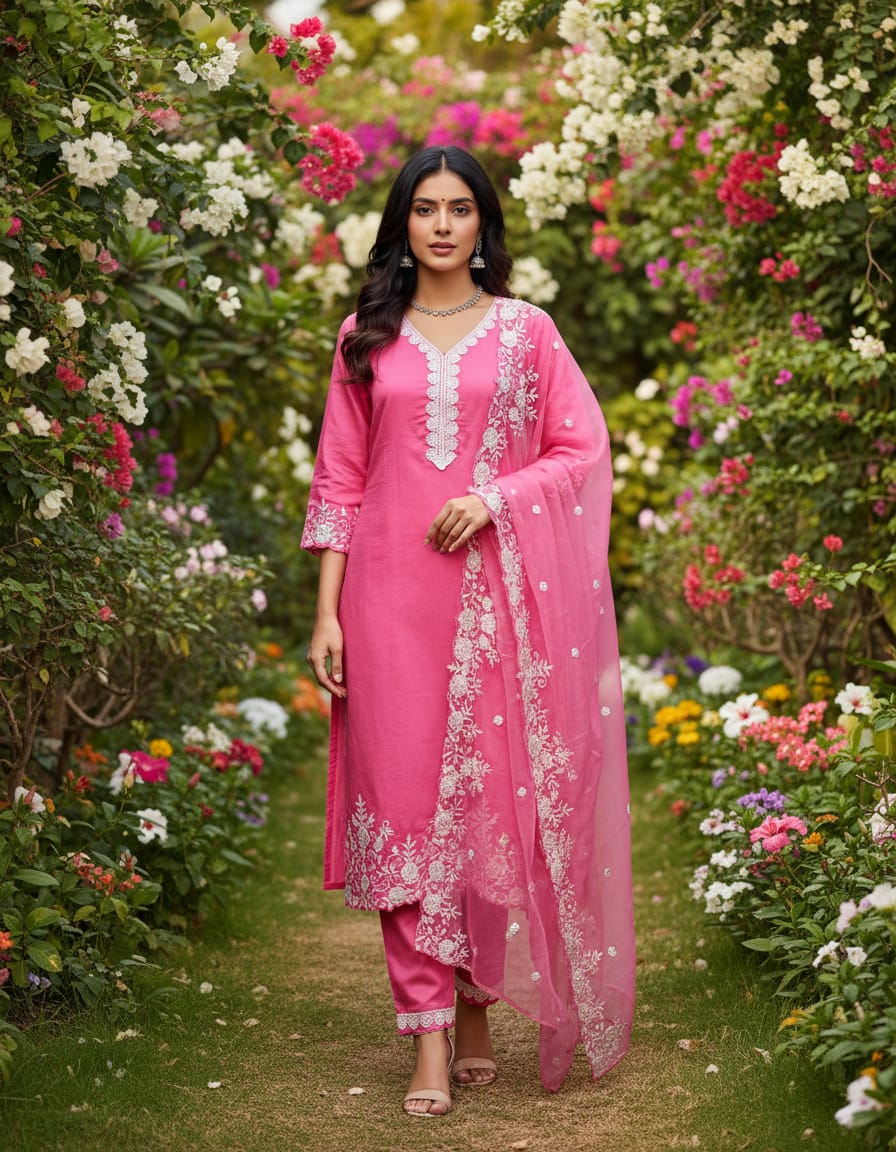 Pink Cotton Embroidered Suit With Elegant Organza Dupatta