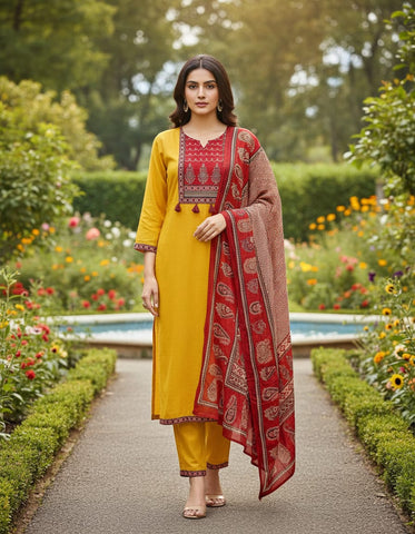 Mustard Ajrakh Print Cotton Suit With Beautiful Tasals