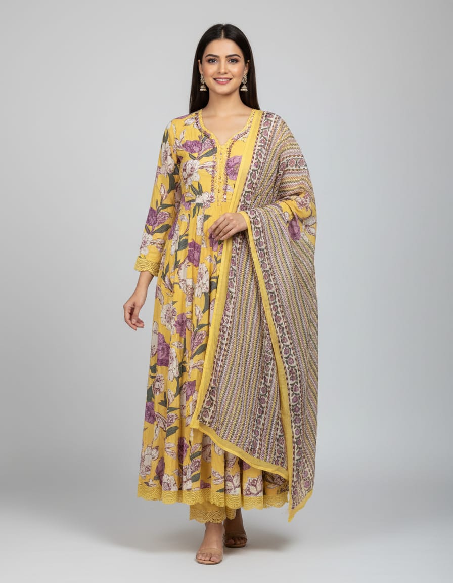 Yellow Floral Print Cotton Anarkali Suit Set With Beautiful Lace Work