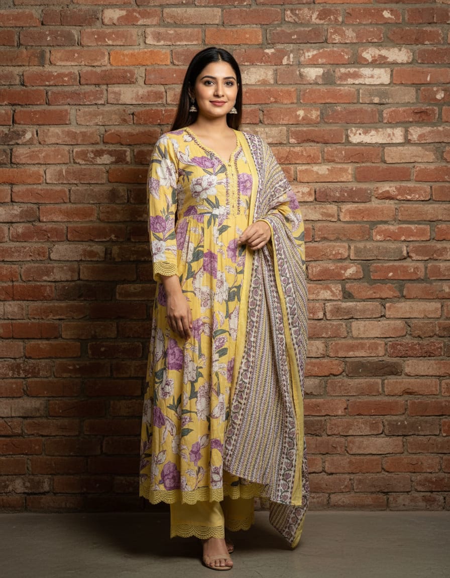 Yellow Floral Print Cotton Anarkali Suit Set With Beautiful Lace Work