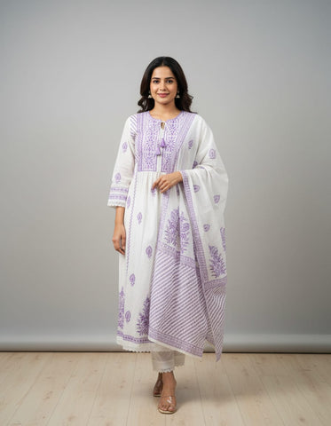 White And Mauve Mul Cotton Embroidered Anarkali Suit
