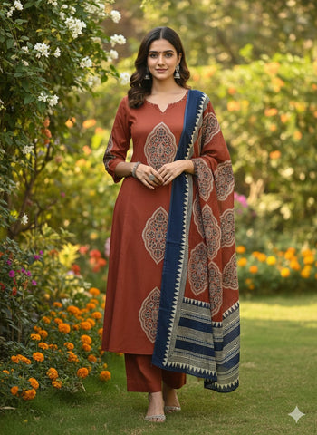 Brown And Blue Cotton A-Line Ajrakh Print Suit Set