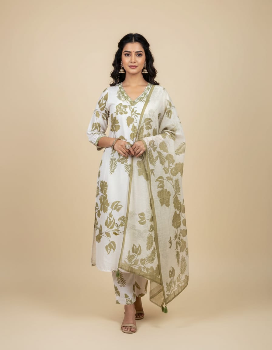 Premium Cotton A-Line Leaf Print Suit Set