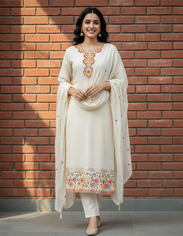 Off-White Fully Embroidered Cotton Suit For Women