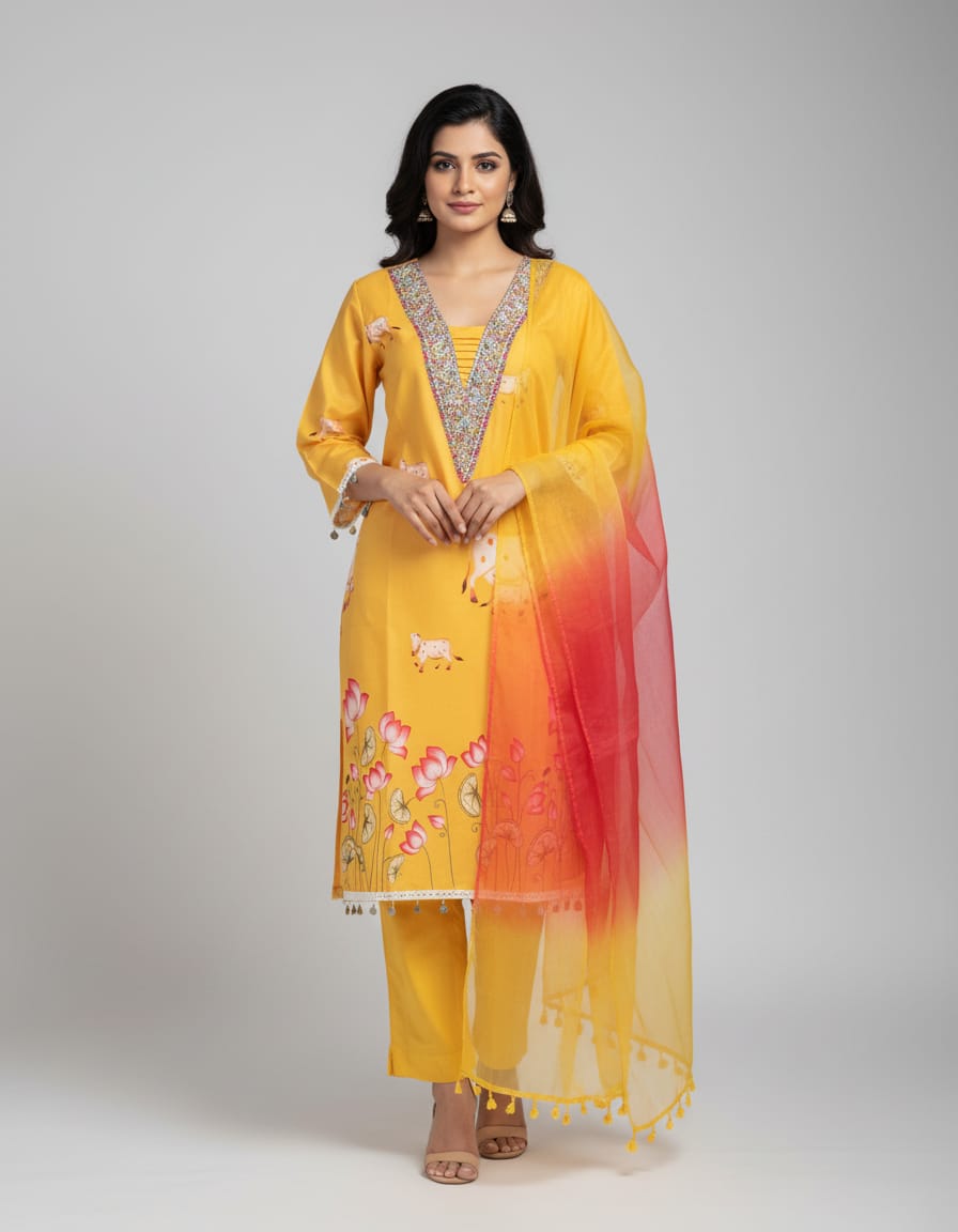 Yellow Premium Cotton Designer Suit With Beautiful Lace And Ginni Work