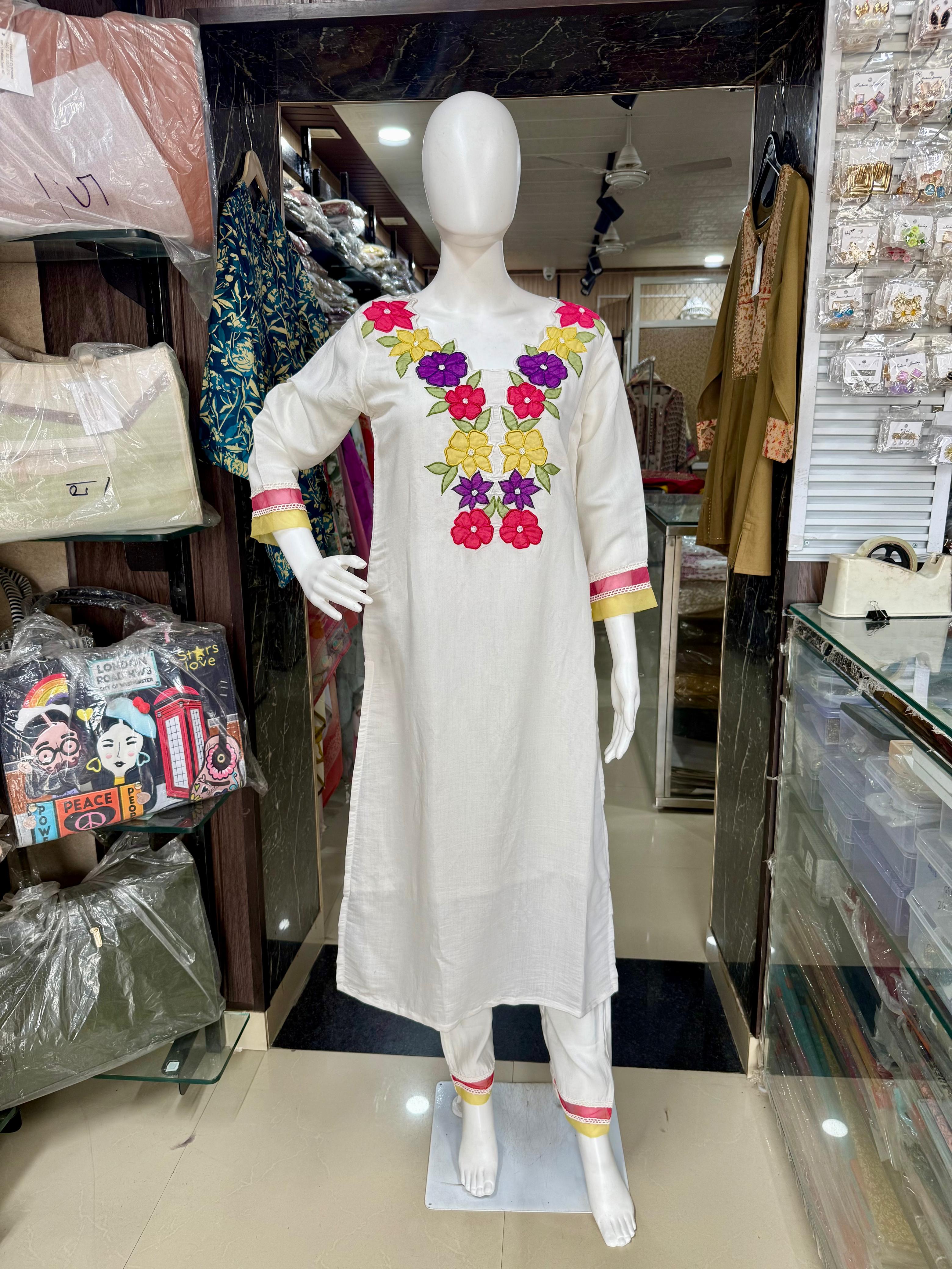 Premium Cotton Suit With Applique Work And Organza Dupatta