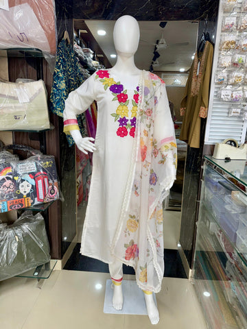 Premium Cotton Suit With Applique Work And Organza Dupatta