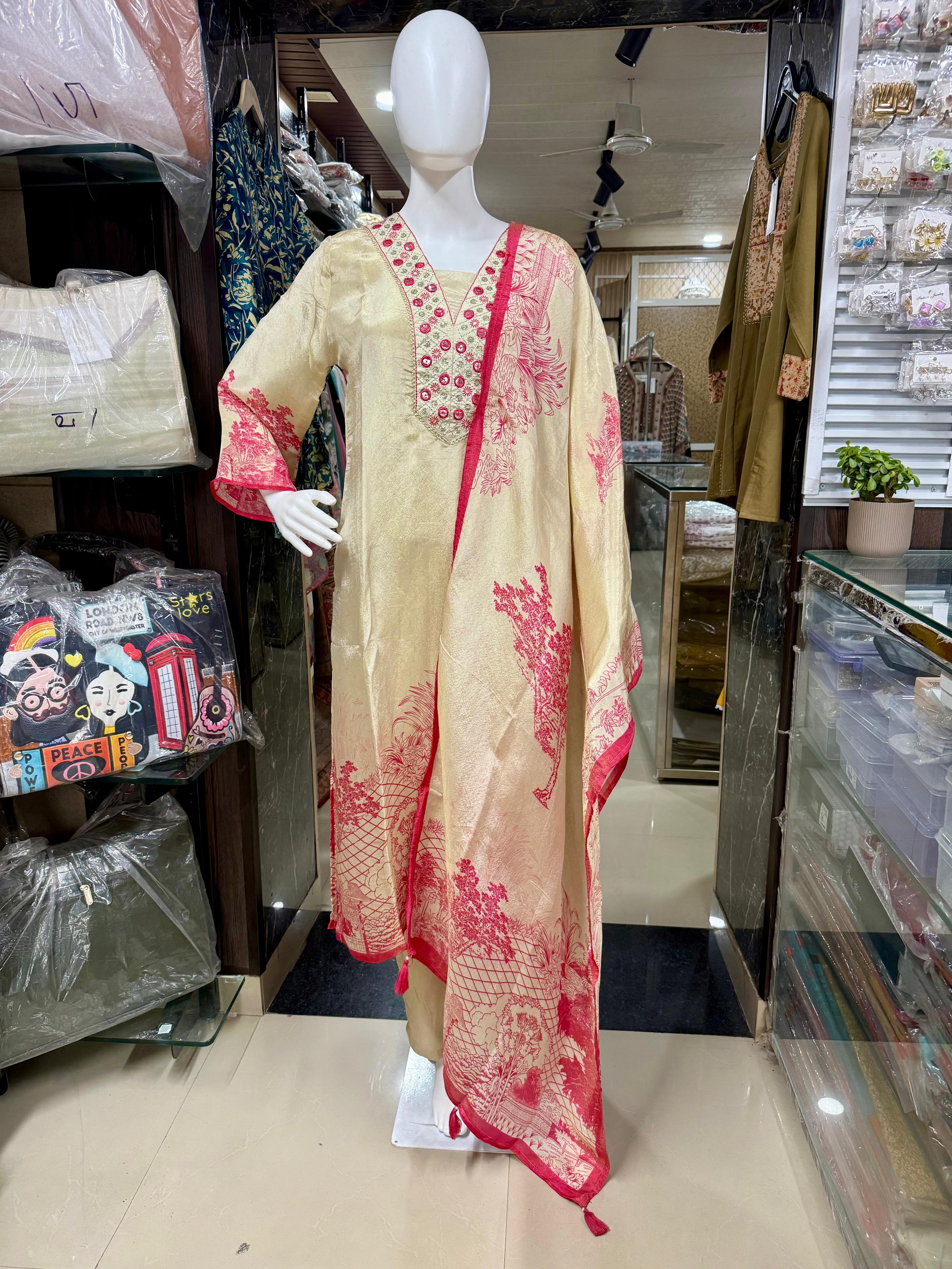 Jimmy Choo Printed  Dupatta Suit With Designer Neckline