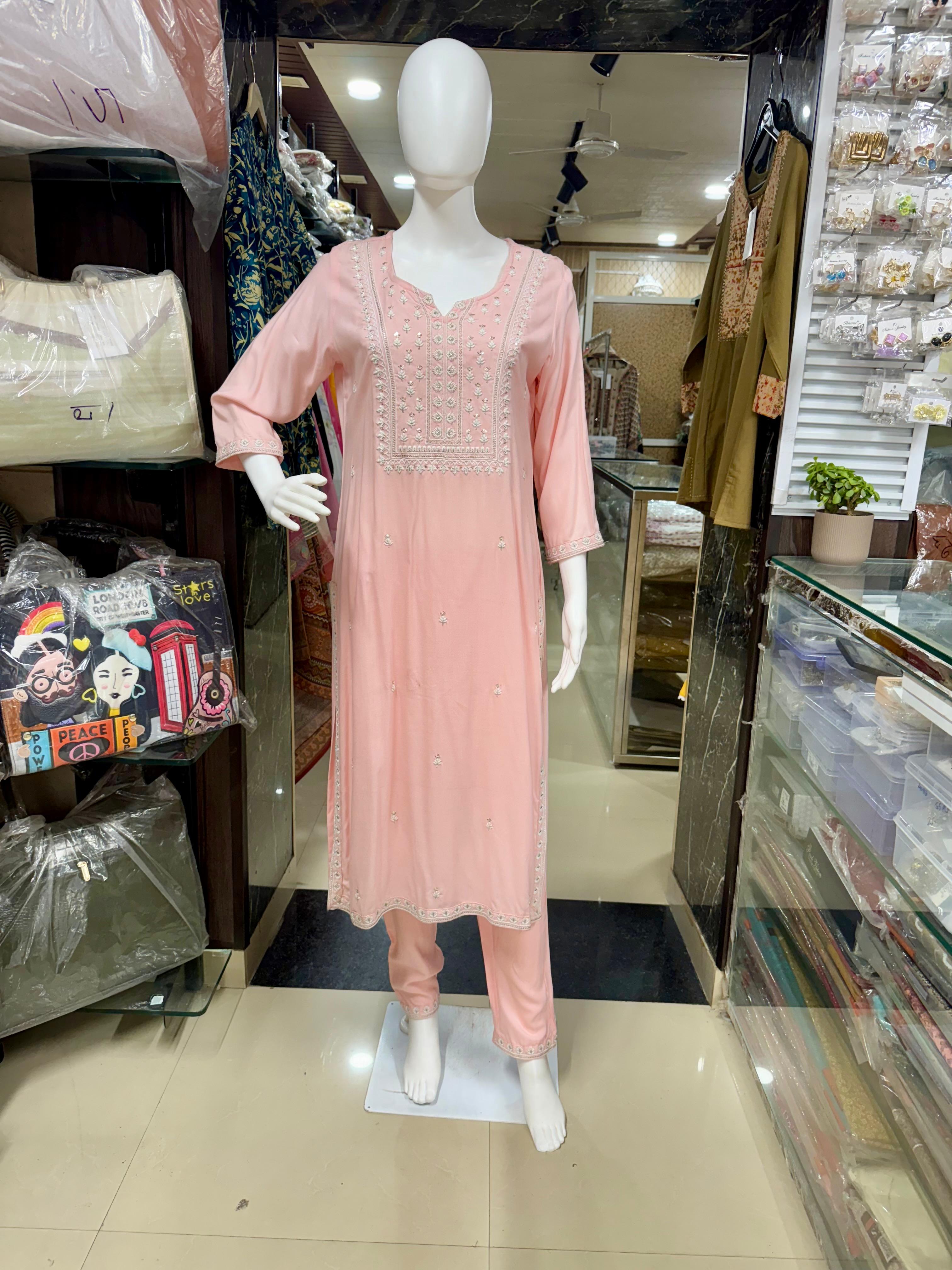 Peachy Pink Rayon Office Wear Embroidered  Suit Set