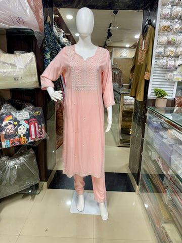 Peachy Pink Rayon Office Wear Embroidered  Suit Set