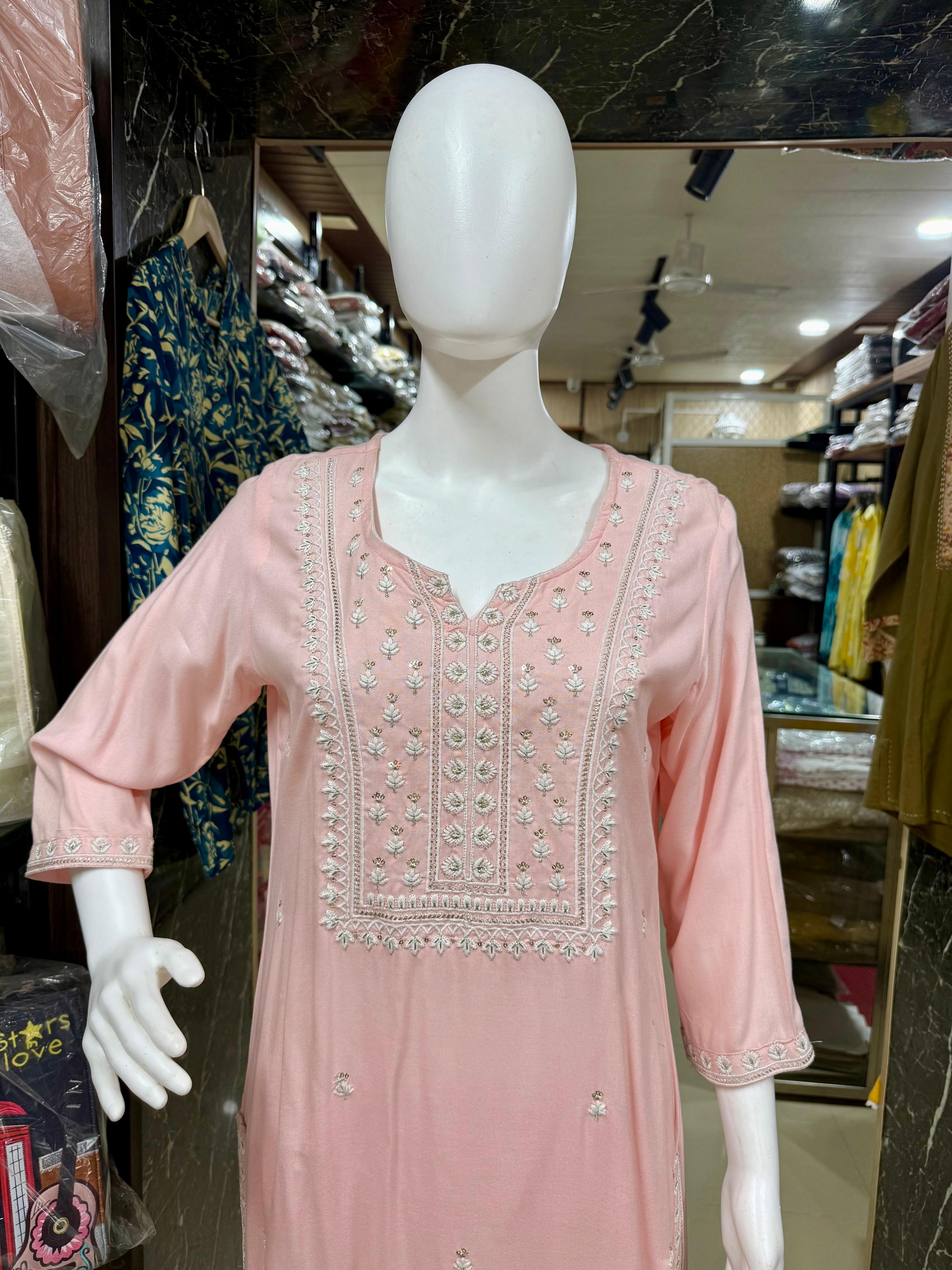 Peachy Pink Rayon Office Wear Embroidered  Suit Set