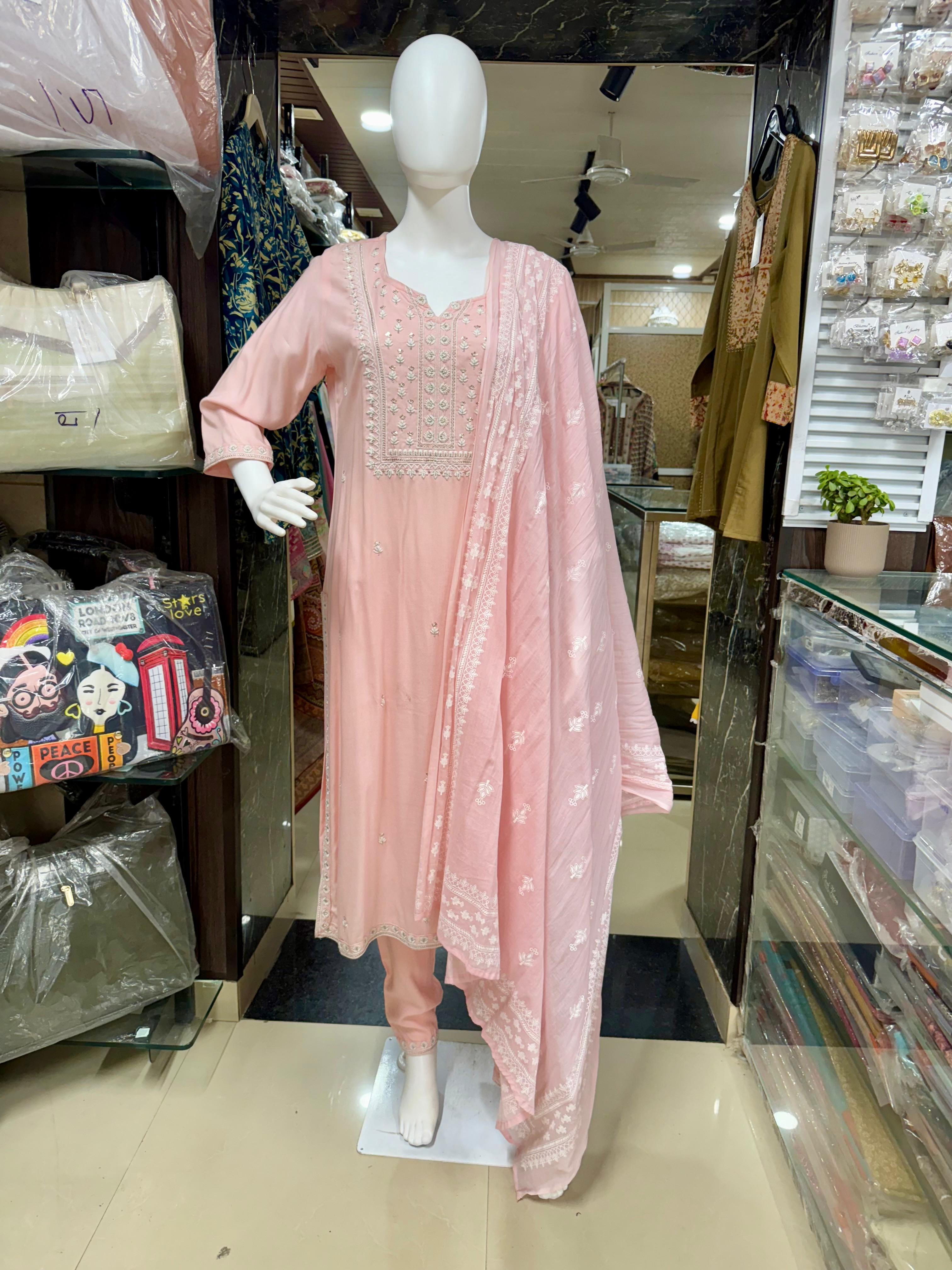 Peachy Pink Rayon Office Wear Embroidered  Suit Set