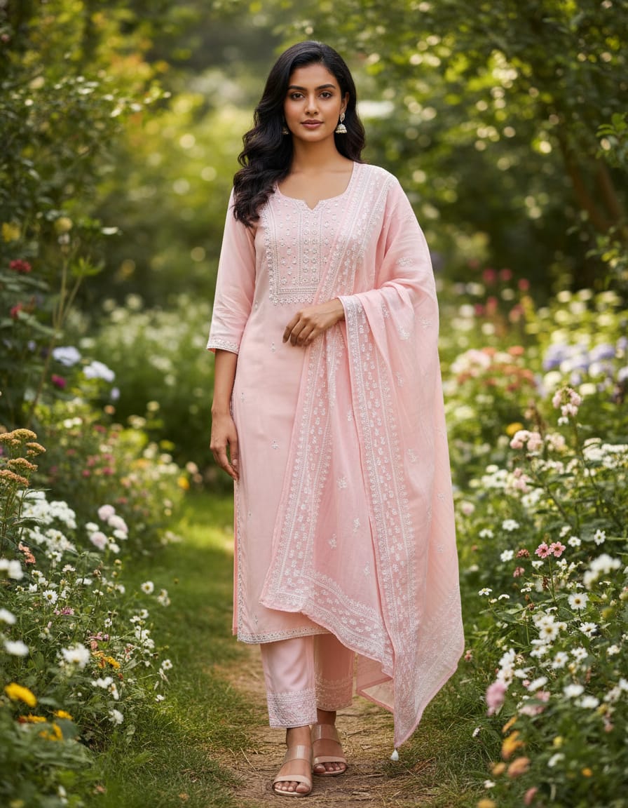 Peachy Pink Rayon Office Wear Embroidered  Suit Set