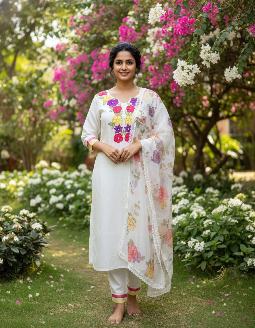 Premium Cotton Suit With Applique Work And Organza Dupatta
