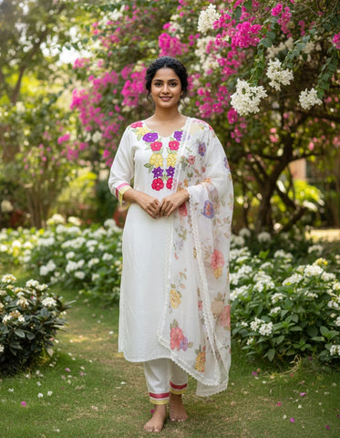 Premium Cotton Suit With Applique Work And Organza Dupatta