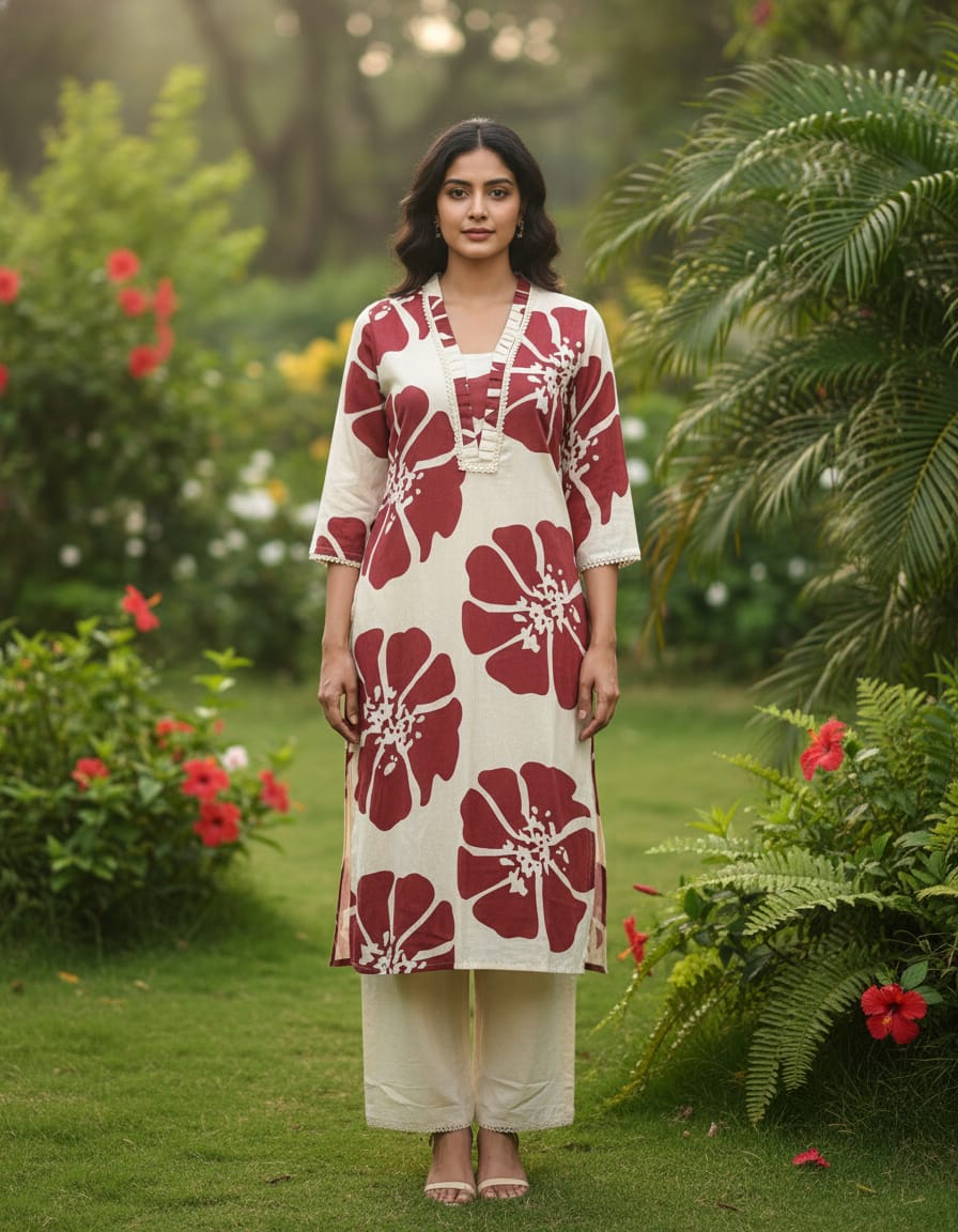 Off-White And Maroon Floral Print Cotton Coord Set
