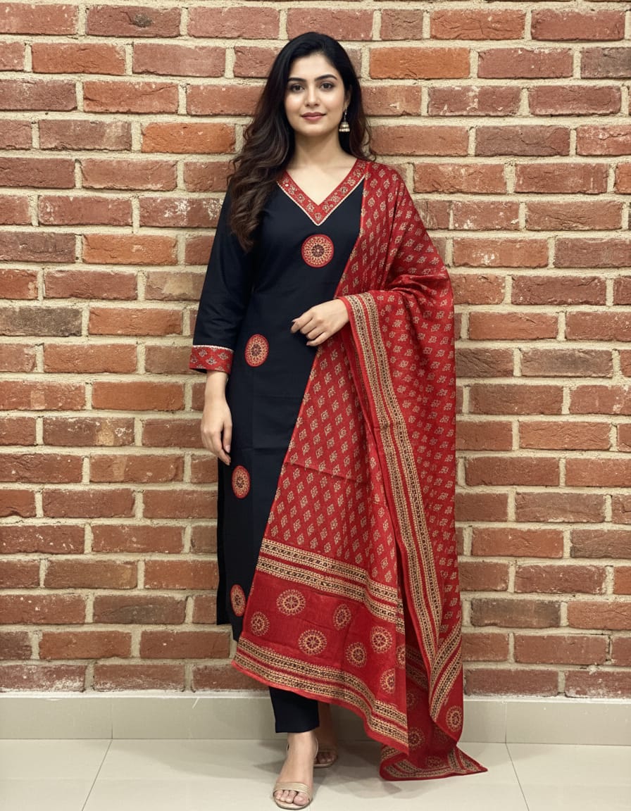 Black Ajrakh Print Suit With Patch Work On Shirt