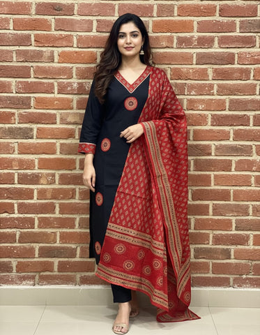 Black Ajrakh Print Suit With Patch Work On Shirt