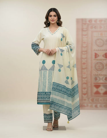 Off-White And Sky Blue Block Print Office Wear Suit Set For Women