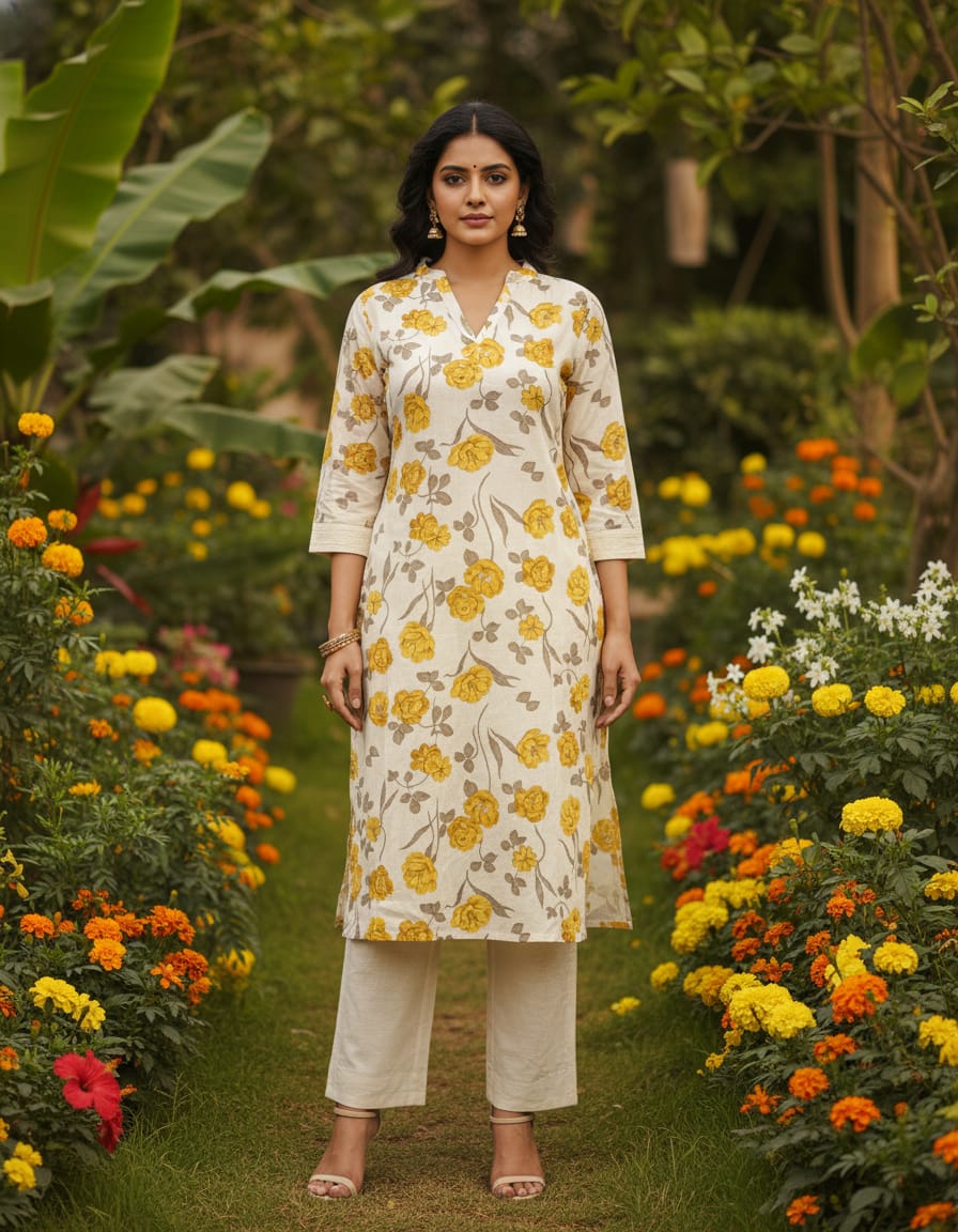Off-White And Yellow Floral Print Cotton 2-Piece Coord Set