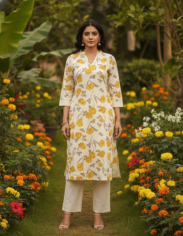 Off-White And Yellow Floral Print Cotton 2-Piece Coord Set