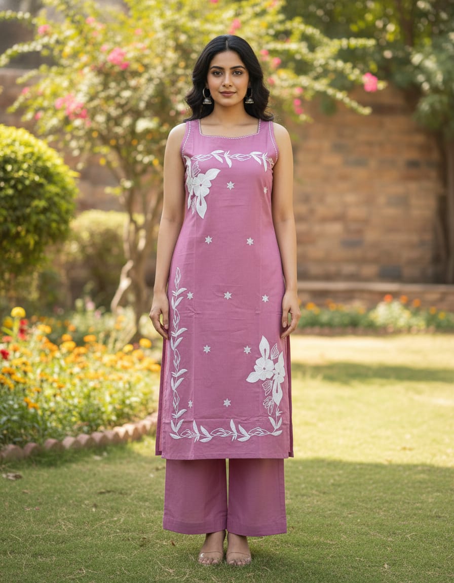 Lavender Cotton Fully Embroidered Coord Set For Women