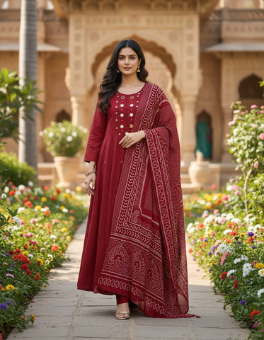 Maroon Cotton Anarkali Suit With Mirror Work Detailing And Printed Dupatta