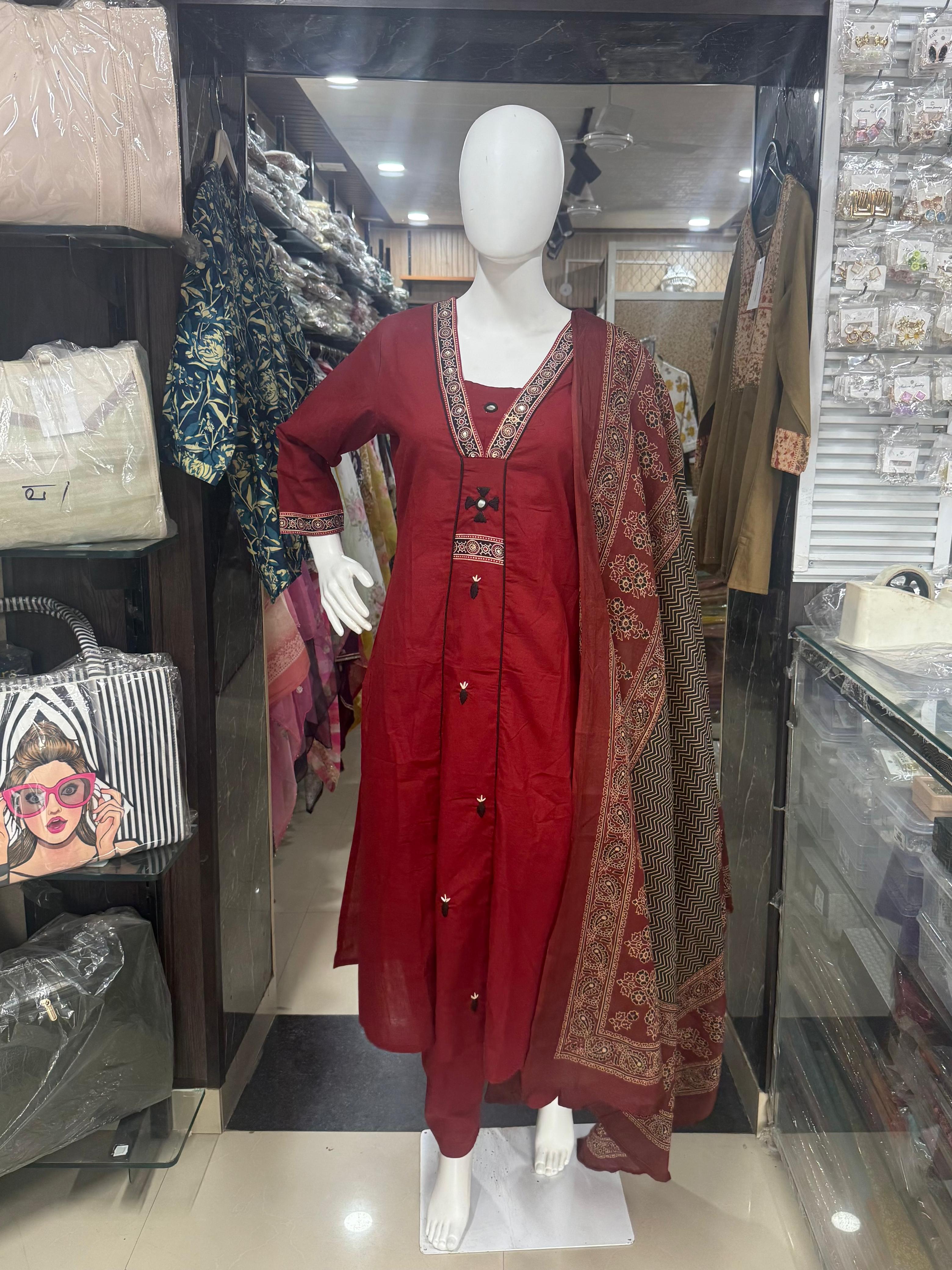 Maroon With Black Detailing And Ajrakh Print Dupatta Cotton Suit For Women