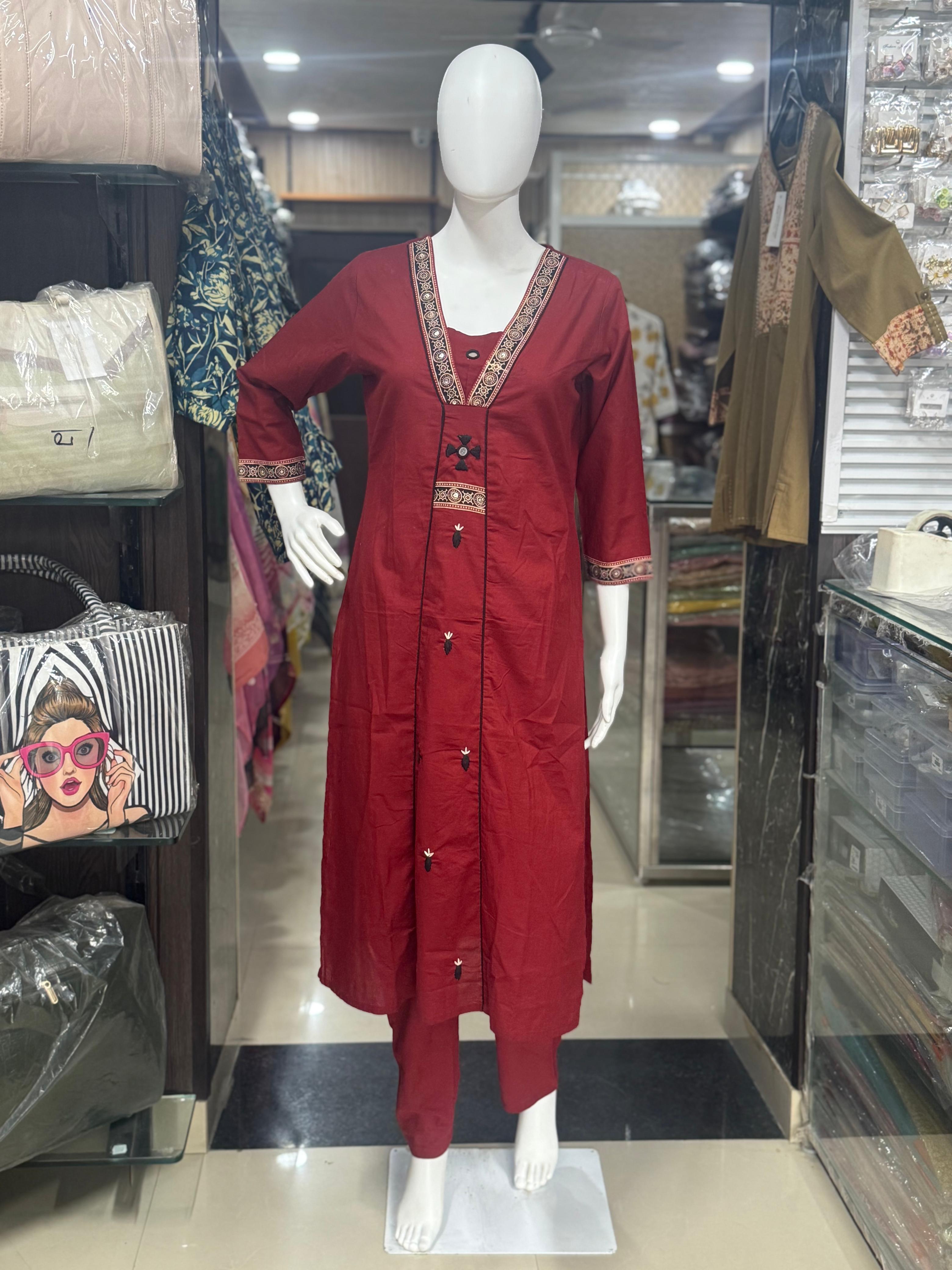 Maroon With Black Detailing And Ajrakh Print Dupatta Cotton Suit For Women