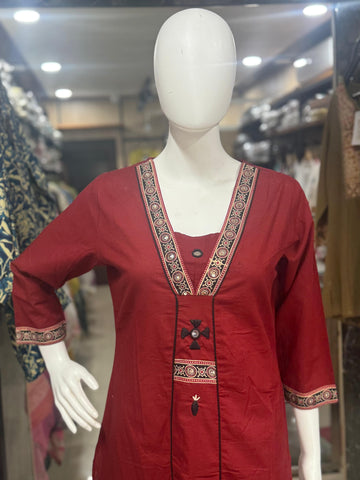 Maroon With Black Detailing And Ajrakh Print Dupatta Cotton Suit For Women