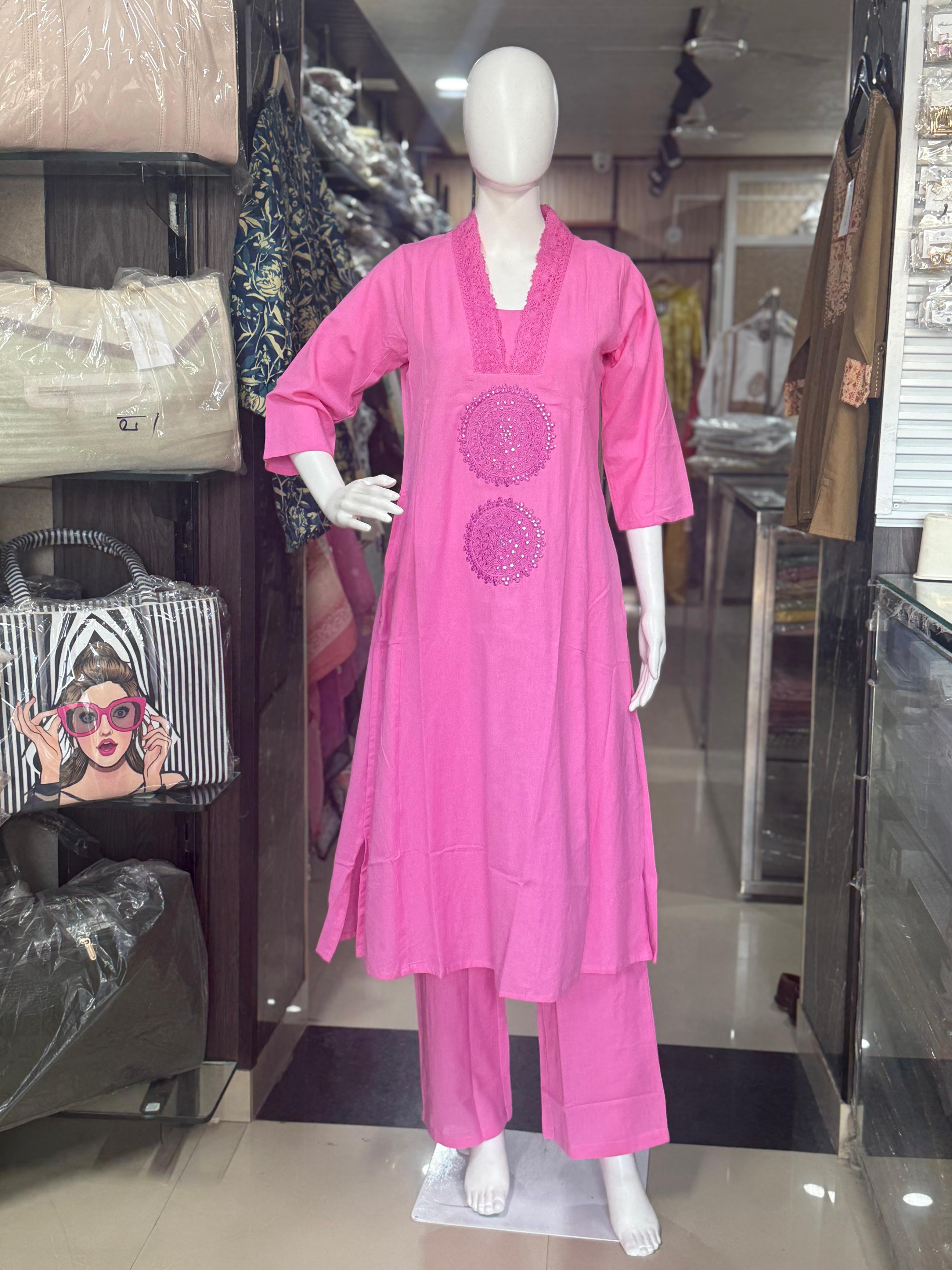 Pink Cotton 2-Piece Office Wear Suit Set
