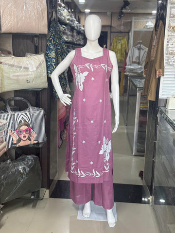 Lavender Cotton Fully Embroidered Coord Set For Women