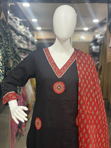 Black Ajrakh Print Suit With Patch Work On Shirt