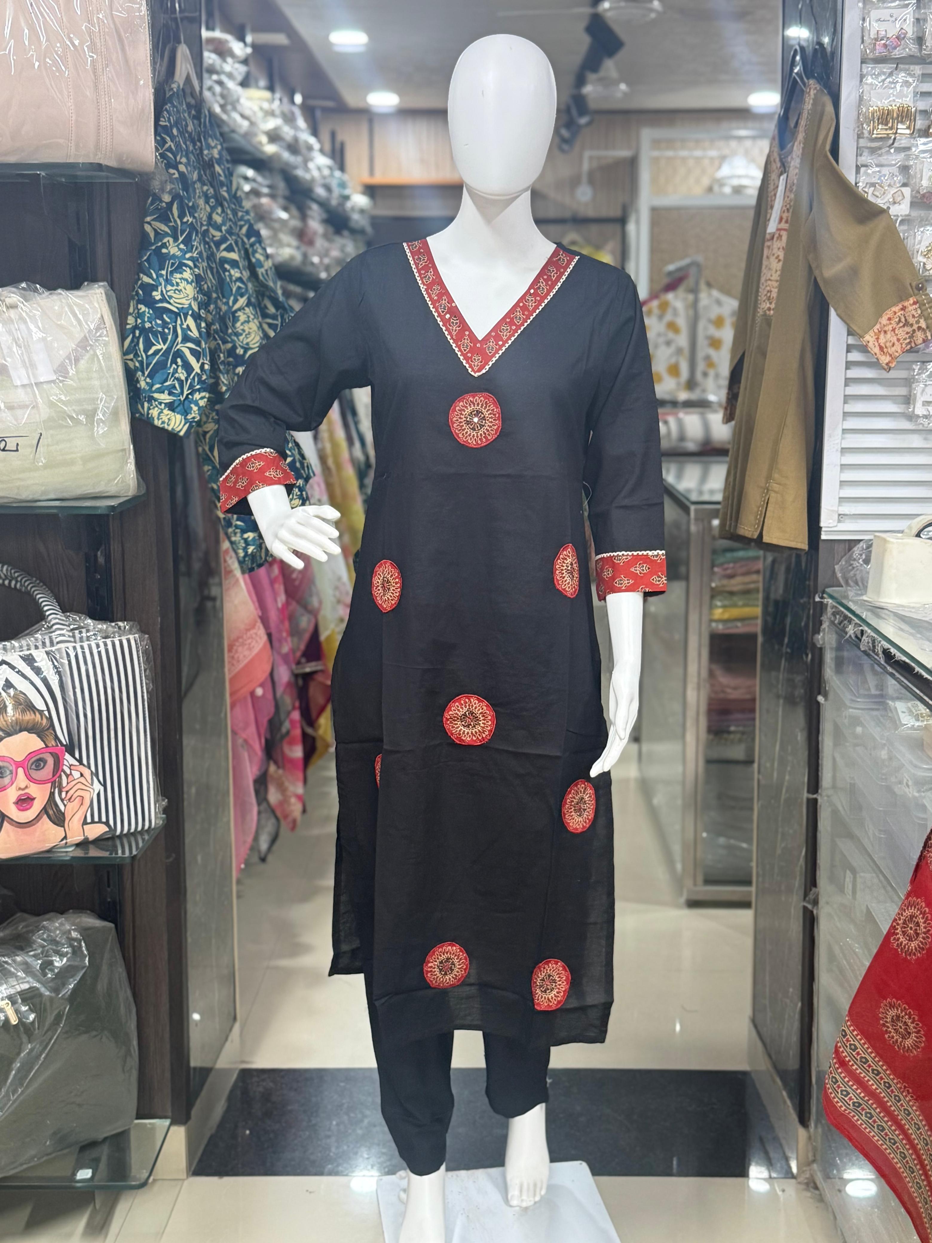 Black Ajrakh Print Suit With Patch Work On Shirt