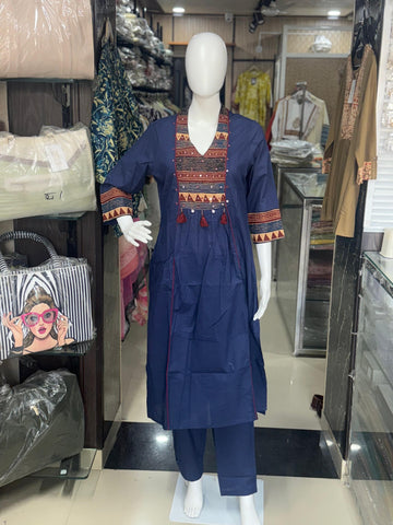 Blue Cotton Ajrakh Print Suit With Printed Dupatta