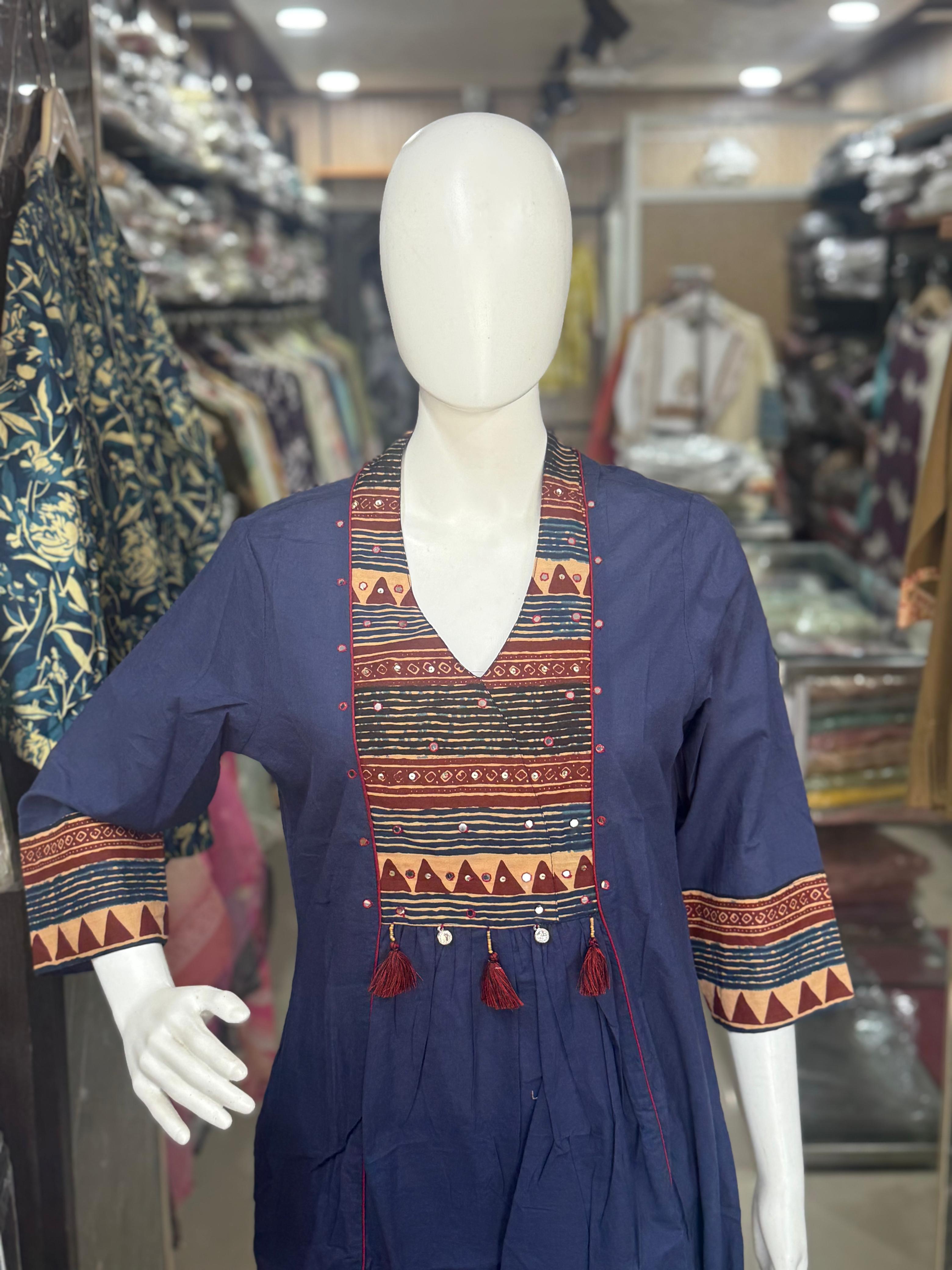 Blue Cotton Ajrakh Print Suit With Printed Dupatta