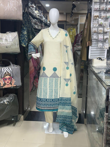 Off-White And Sky Blue Block Print Office Wear Suit Set For Women