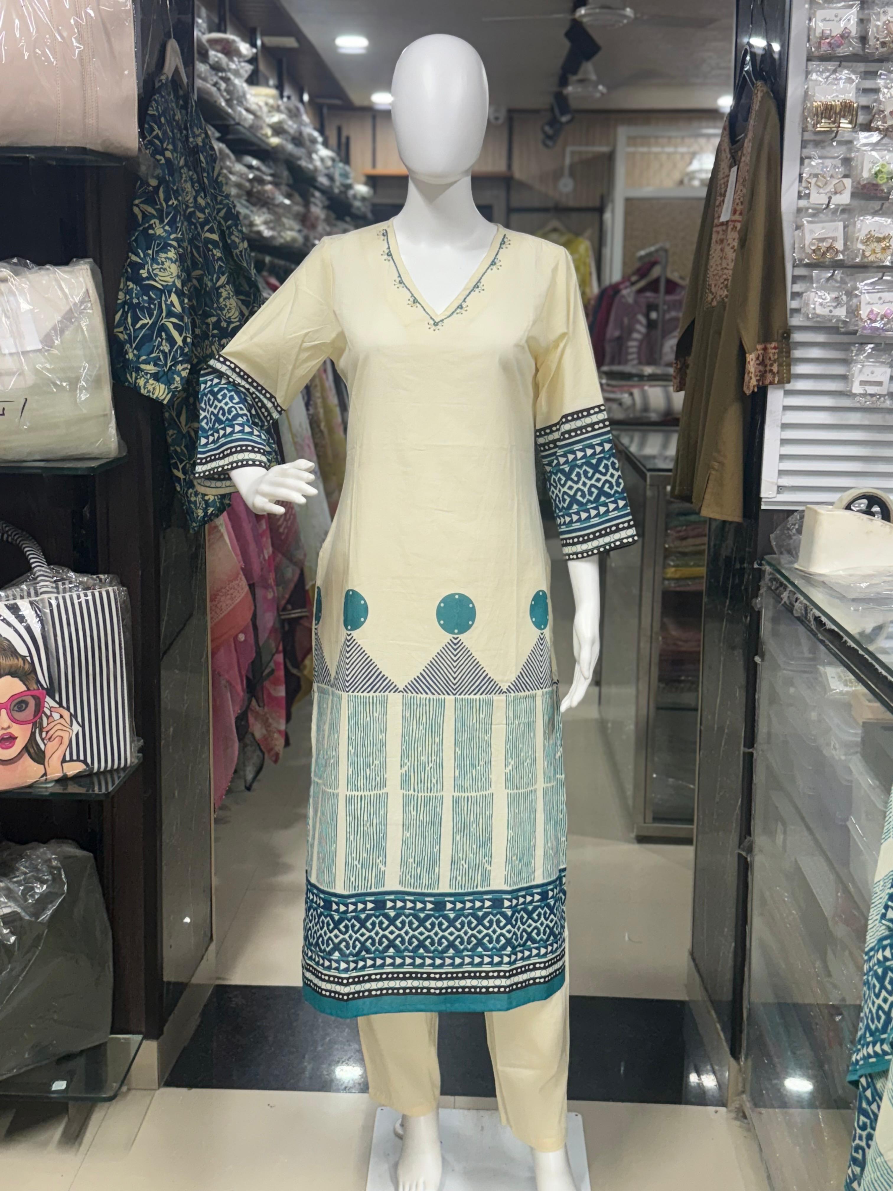 Off-White And Sky Blue Block Print Office Wear Suit Set For Women