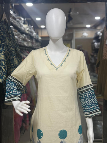 Off-White And Sky Blue Block Print Office Wear Suit Set For Women