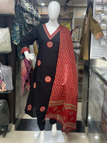Black Ajrakh Print Suit With Patch Work On Shirt