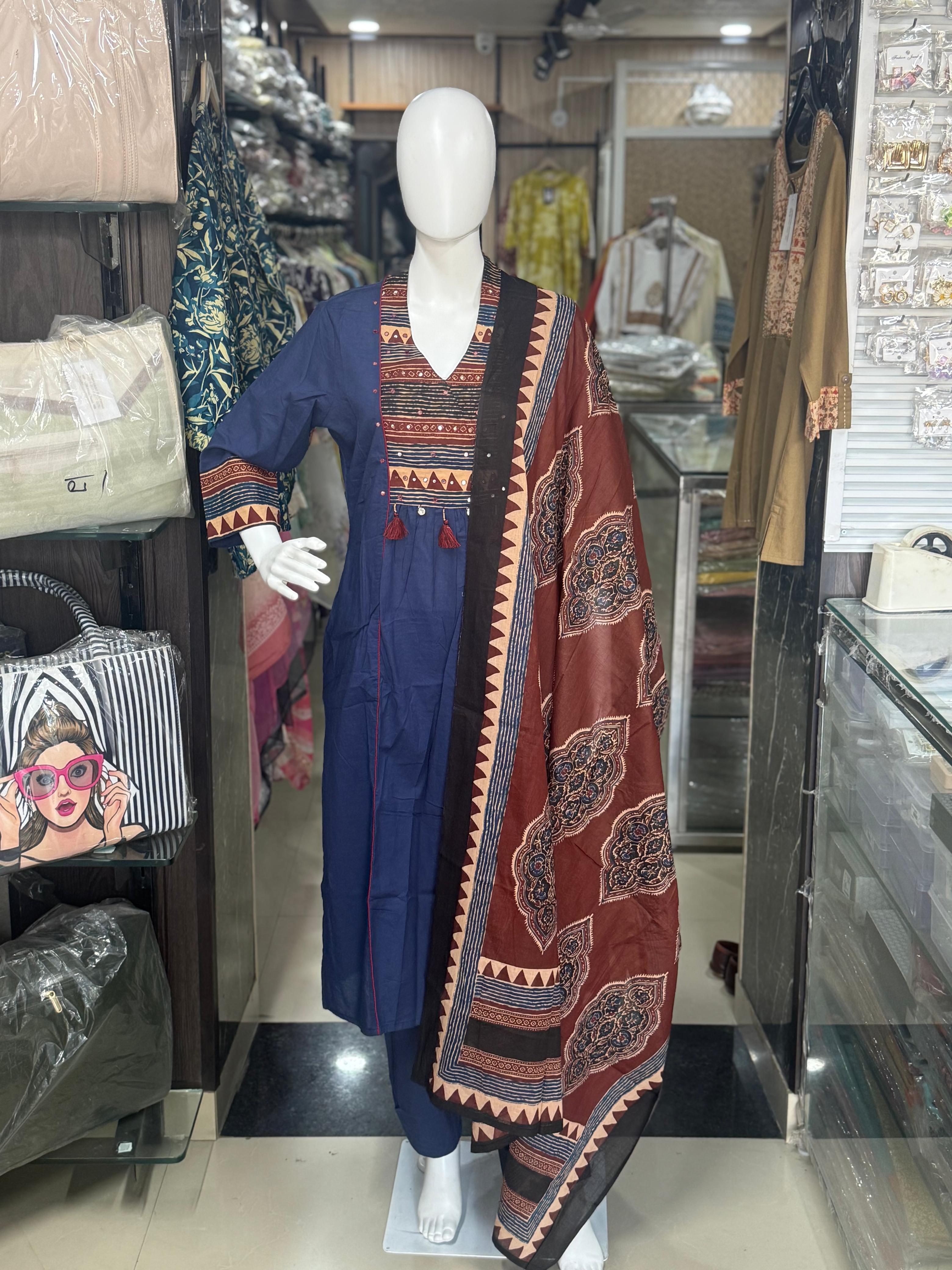 Blue Cotton Ajrakh Print Suit With Printed Dupatta