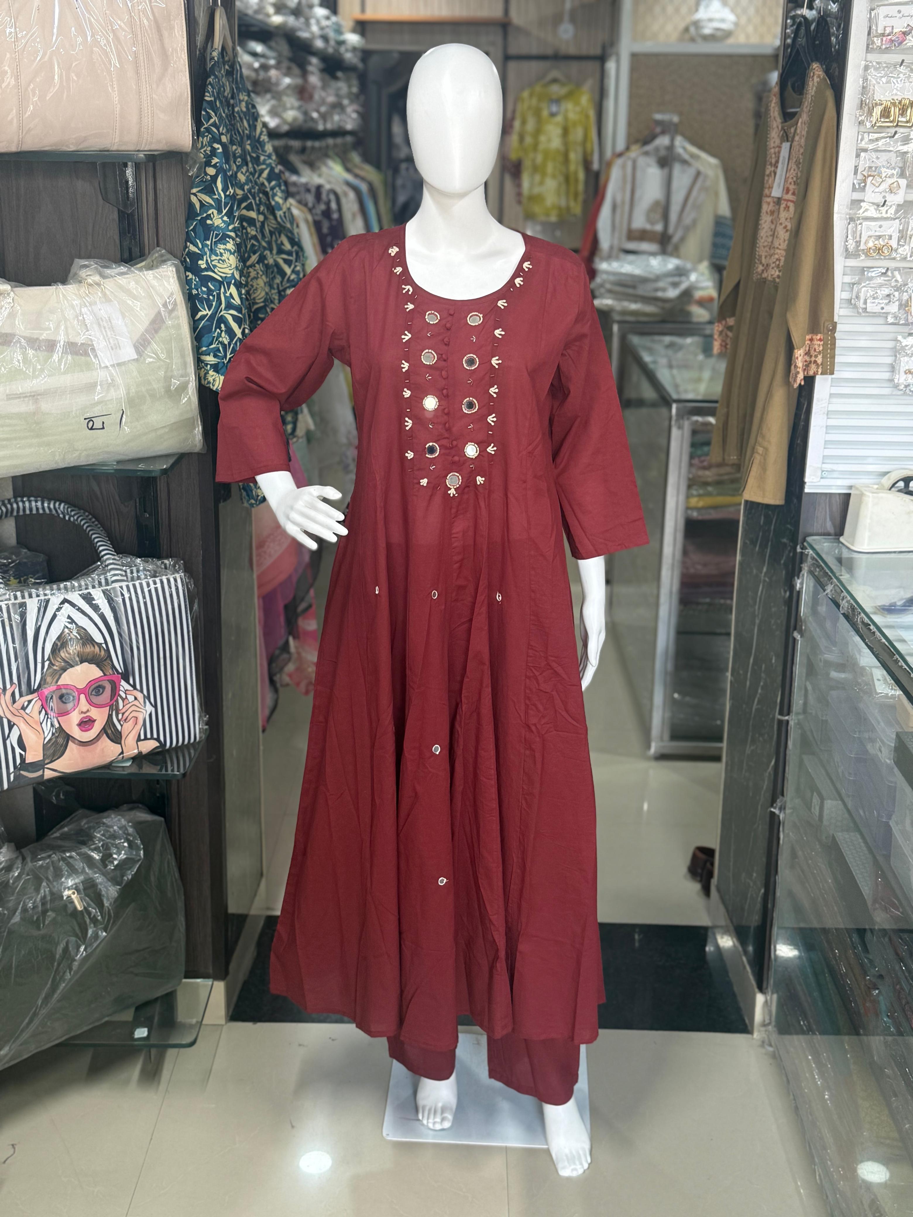 Maroon Cotton Anarkali Suit With Mirror Work Detailing And Printed Dupatta