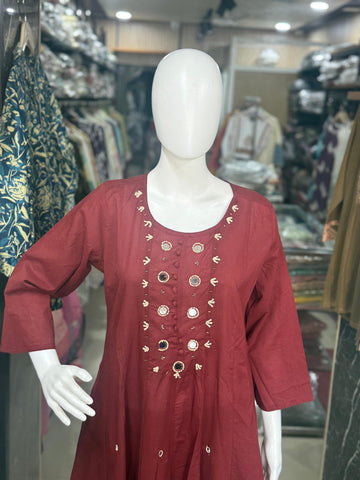 Maroon Cotton Anarkali Suit With Mirror Work Detailing And Printed Dupatta