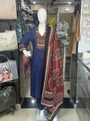 Blue Cotton Ajrakh Print Suit With Printed Dupatta
