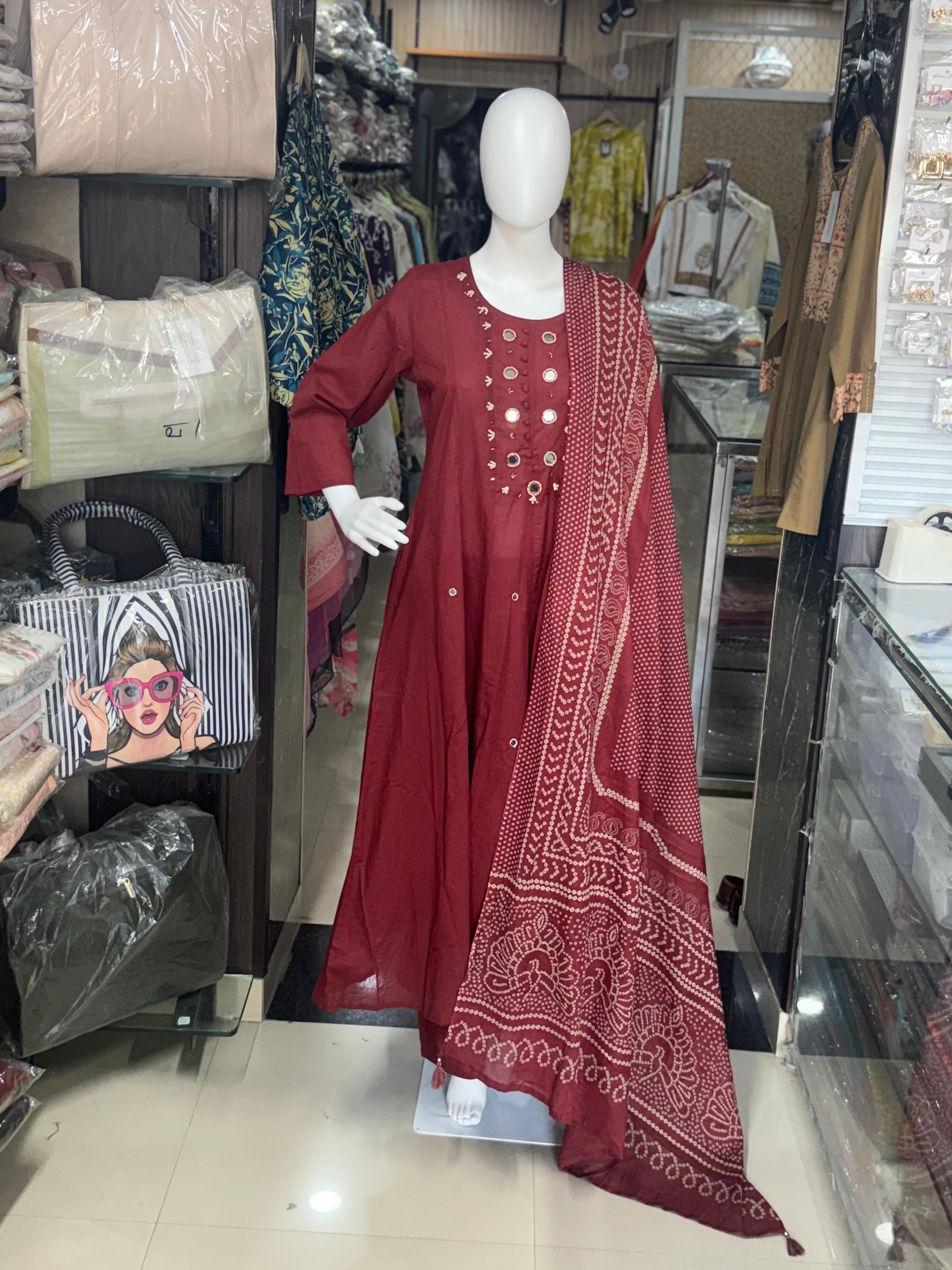 Maroon Cotton Anarkali Suit With Mirror Work Detailing And Printed Dupatta
