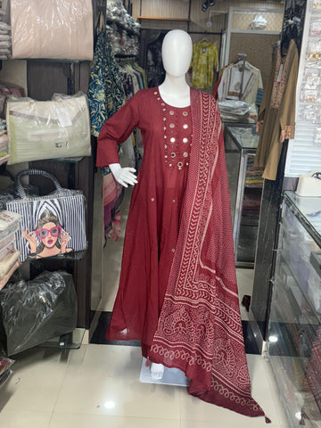 Maroon Cotton Anarkali Suit With Mirror Work Detailing And Printed Dupatta