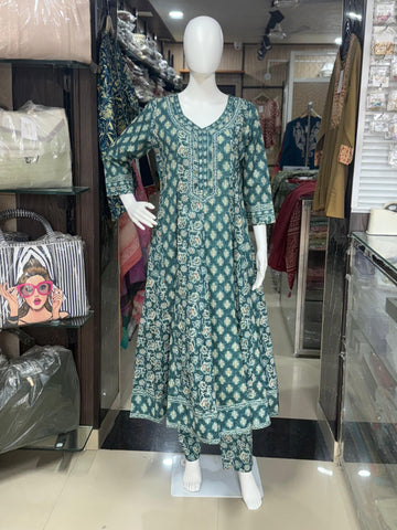 Premium Cotton Printed Cotton Anarkali Suit With Full Length Dupatta