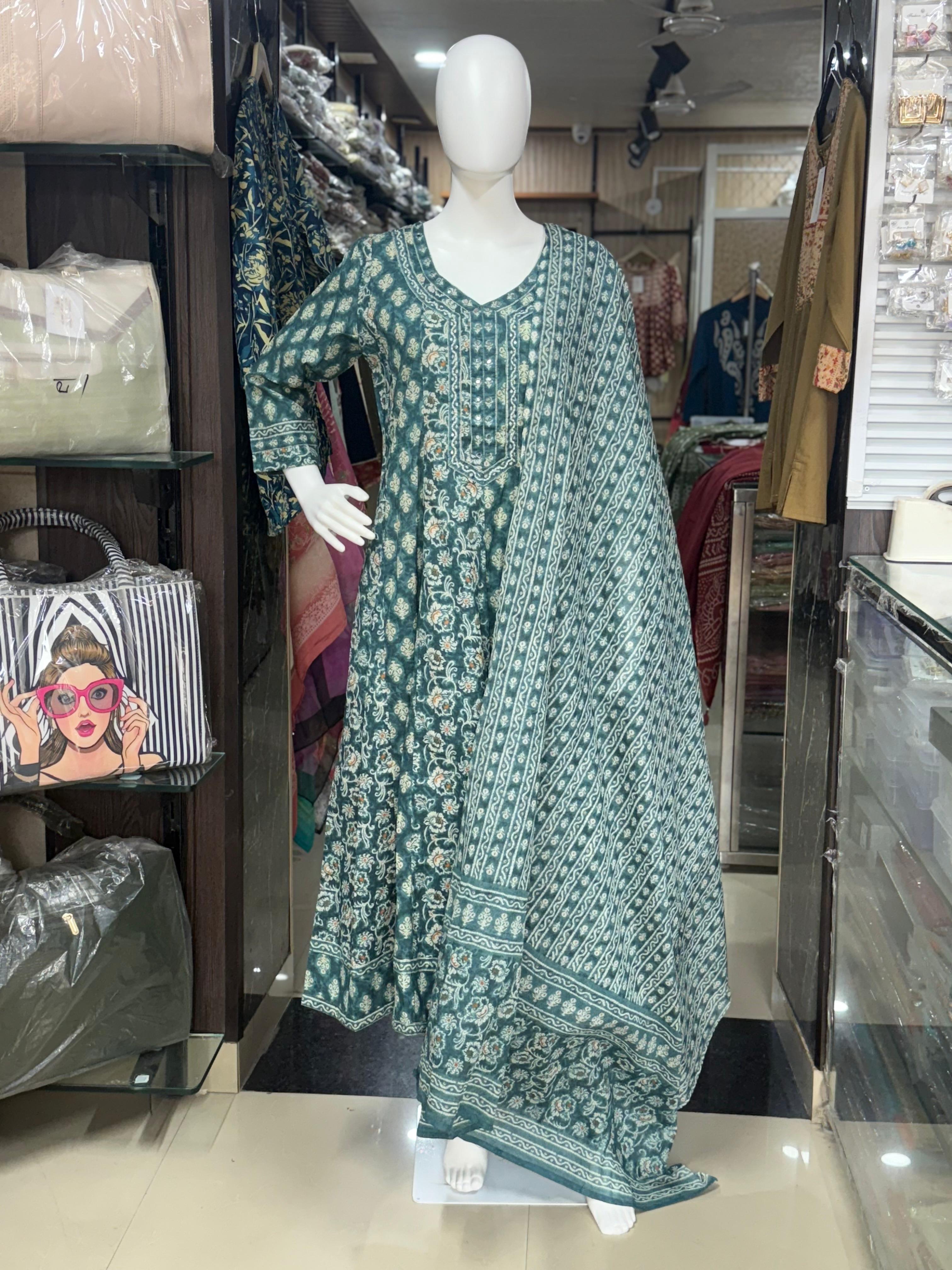 Premium Cotton Printed Cotton Anarkali Suit With Full Length Dupatta